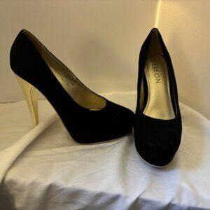 Dereon Black Suede Gold Trim Platform 5" Stiletto Heels EUC 8 1/2